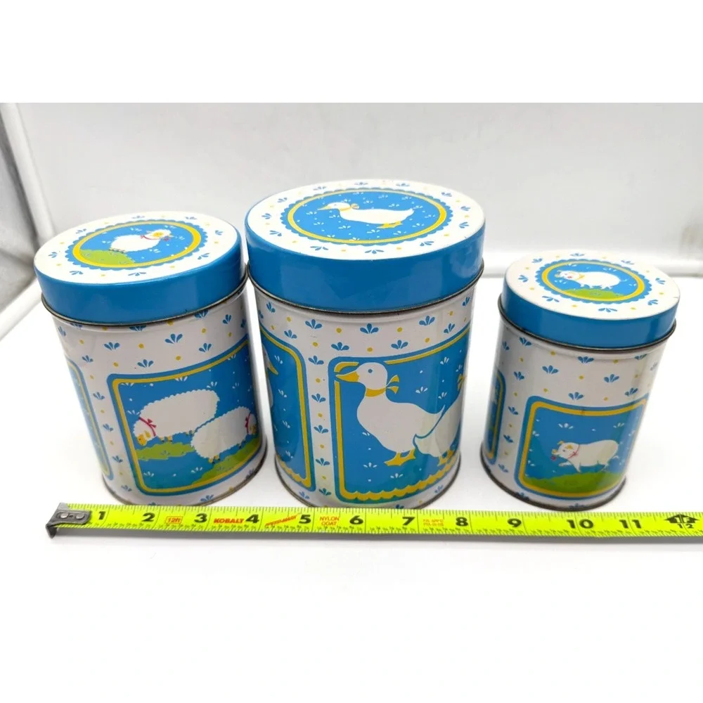 W.A. Vintage 1984 Country Farm Animals Nesting Tin Canister Set Blue 3 Piece